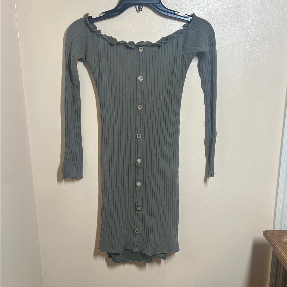 Ribbed Button-Front Off-Shoulder Dress in Olive Green by RILEY& James